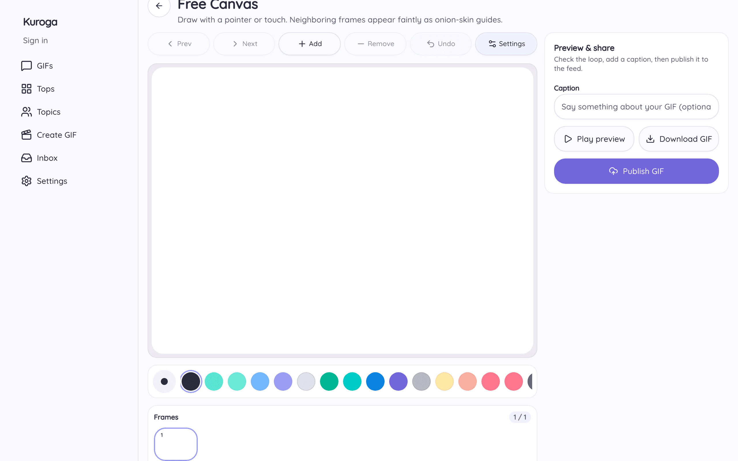 Free Canvas editor with frame tools, colors, play preview, and download GIF