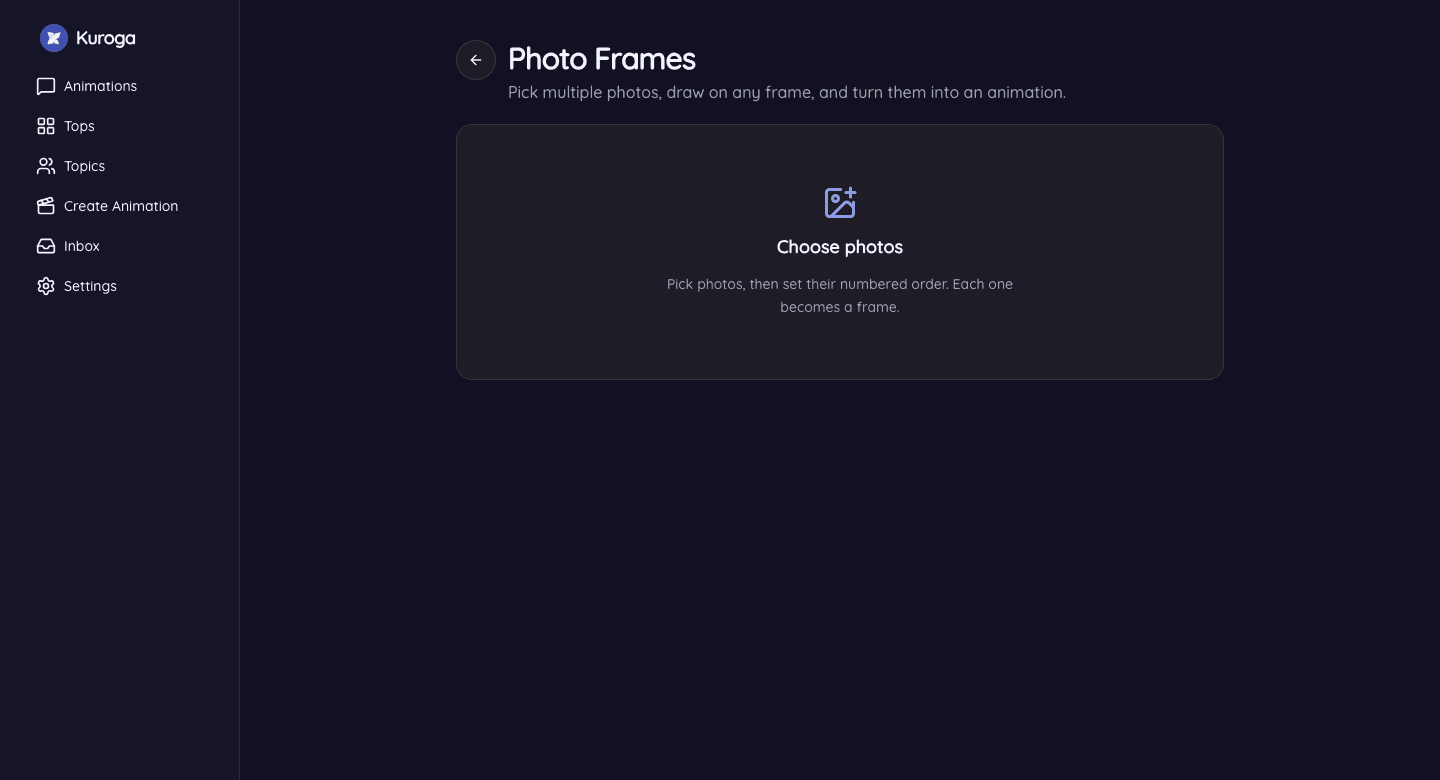 Photo Frames screen where each chosen photo becomes one animation frame